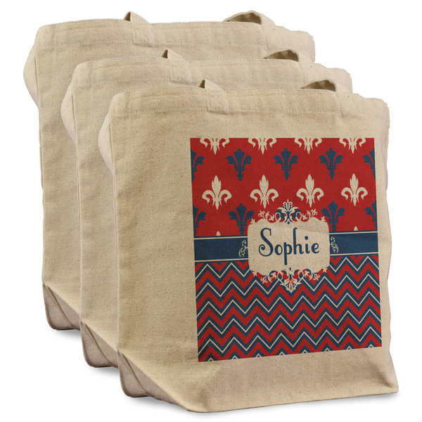 Custom Patriotic Fleur de Lis Reusable Cotton Grocery Bags - Set of 3 (Personalized)