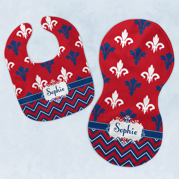 Custom Patriotic Fleur de Lis Baby Bib & Burp Set w/ Name or Text