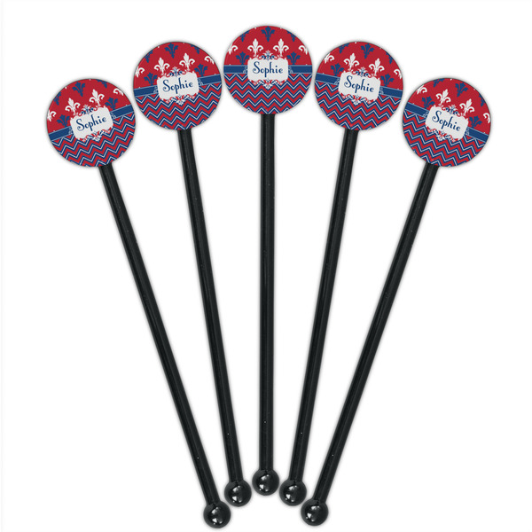 Patriotic Fleur de Lis Black Plastic 5.5" Stir Stick - Round - Fan View