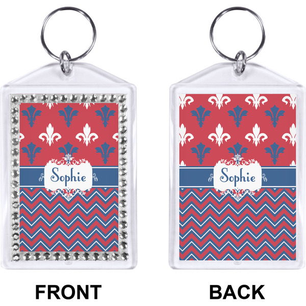 Patriotic Fleur de Lis Bling Keychain (Front + Back)