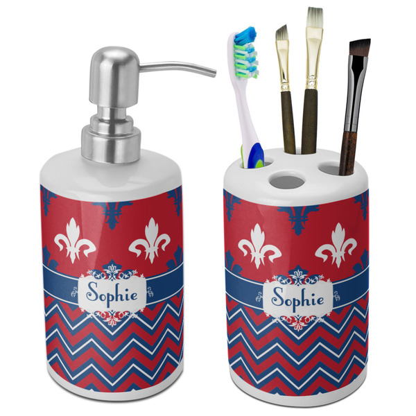 Custom Patriotic Fleur de Lis Ceramic Bathroom Accessories Set (Personalized)