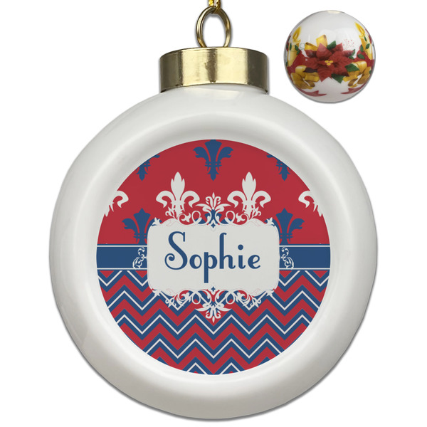 Custom Patriotic Fleur de Lis Ceramic Ball Ornaments - Poinsettia Garland (Personalized)