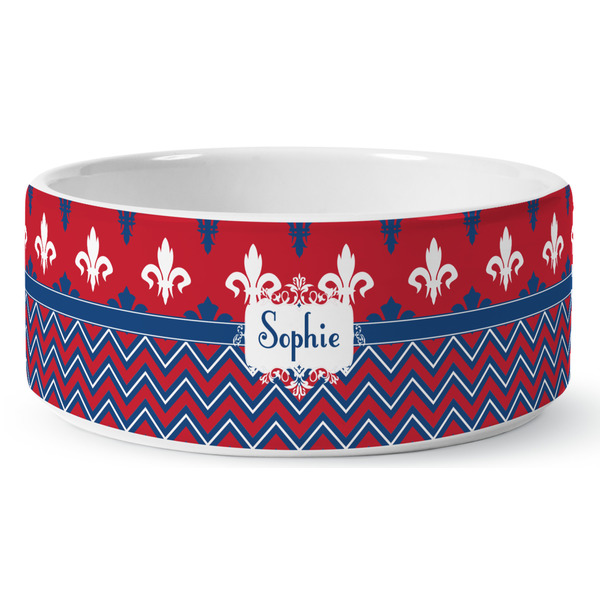 Patriotic Fleur de Lis Ceramic Dog Bowl - Medium - Front