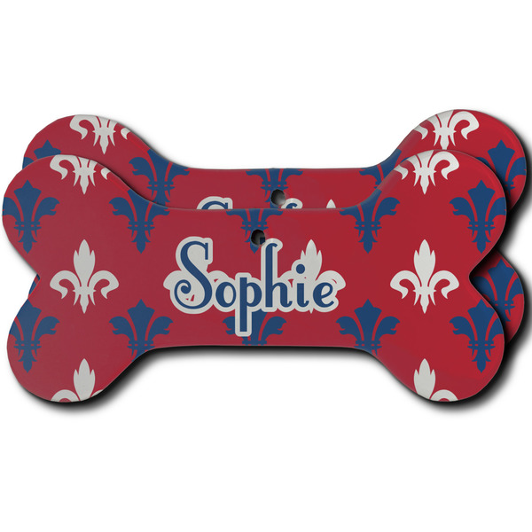 Custom Patriotic Fleur de Lis Ceramic Dog Ornament - Front & Back w/ Name or Text