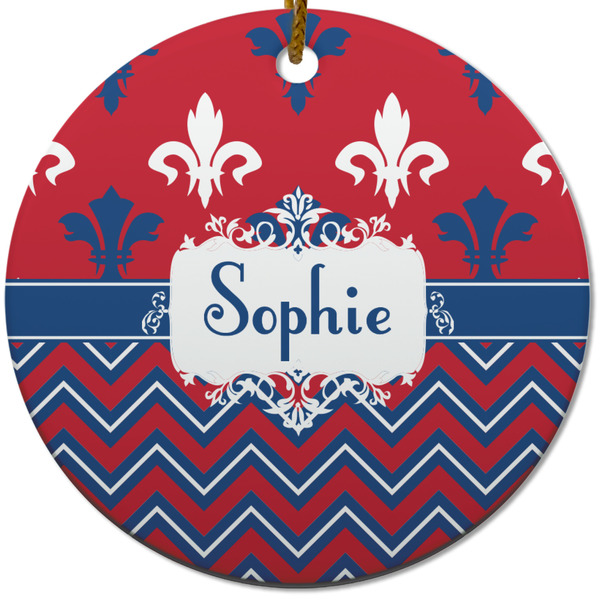 Custom Patriotic Fleur de Lis Round Ceramic Ornament w/ Name or Text
