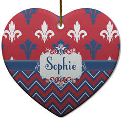 Patriotic Fleur de Lis Heart Ceramic Ornament w/ Name or Text
