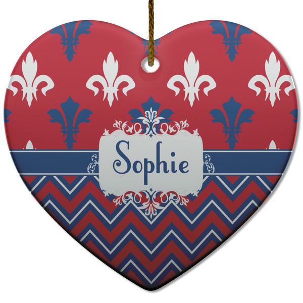 Custom Patriotic Fleur de Lis Heart Ceramic Ornament w/ Name or Text