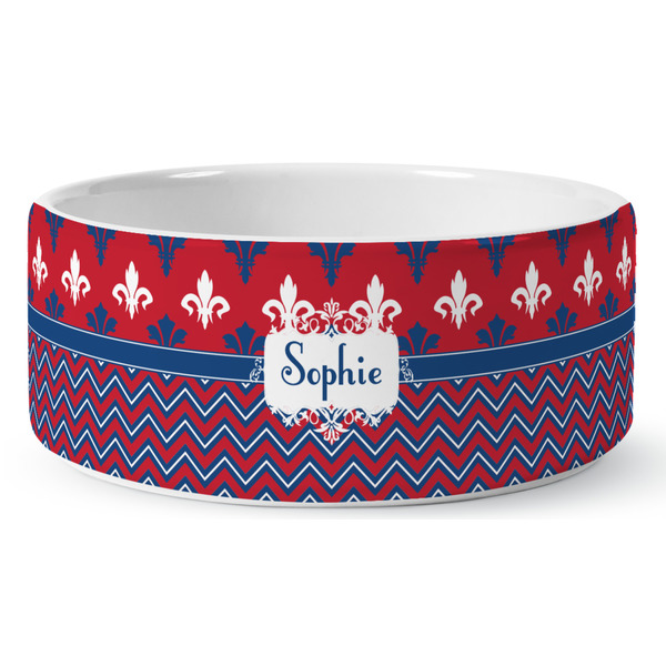 Custom Patriotic Fleur de Lis Ceramic Dog Bowl - Medium (Personalized)