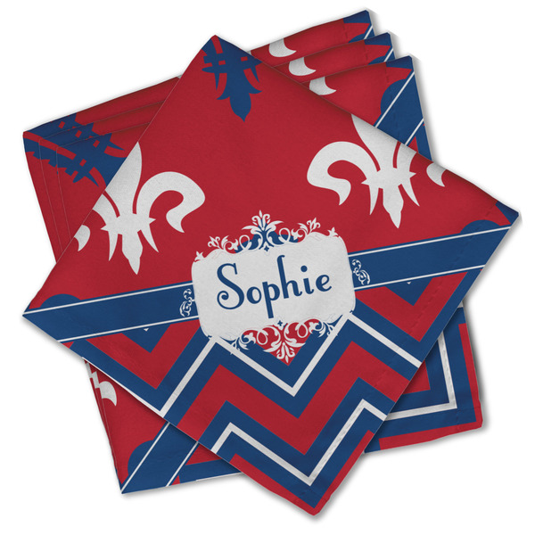 Custom Patriotic Fleur de Lis Cloth Cocktail Napkins - Set of 4 w/ Name or Text
