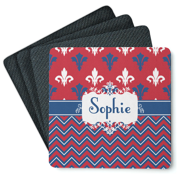 Custom Patriotic Fleur de Lis Square Rubber Backed Coasters - Set of 4 (Personalized)