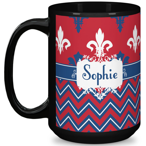 Custom Patriotic Fleur de Lis 15 Oz Coffee Mug - Black (Personalized)