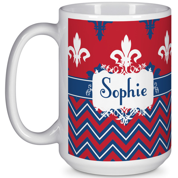 Custom Patriotic Fleur de Lis 15 Oz Coffee Mug - White (Personalized)