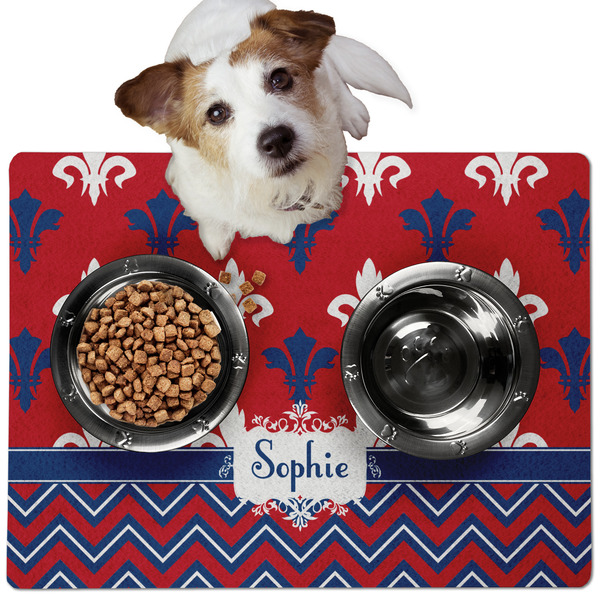Custom Patriotic Fleur de Lis Dog Food Mat - Medium w/ Name or Text