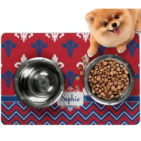 Custom Patriotic Fleur de Lis Dog Food Mat - Small w/ Name or Text