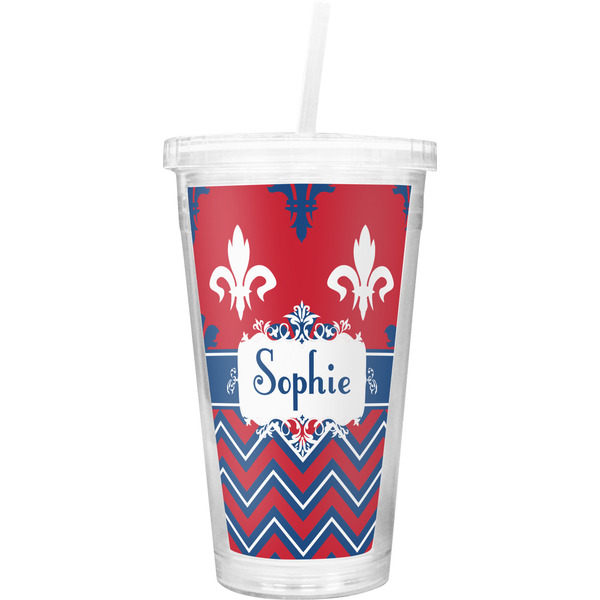 Custom Patriotic Fleur de Lis Double Wall Tumbler with Straw (Personalized)