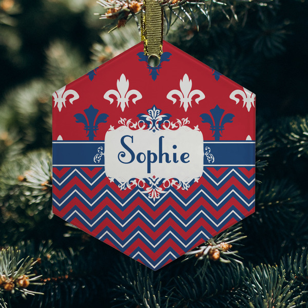 Patriotic Fleur de Lis Frosted Glass Ornament - Hexagon (Lifestyle)