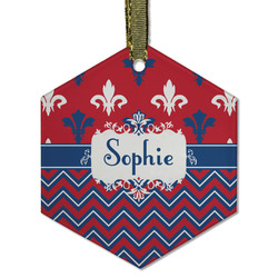Patriotic Fleur de Lis Flat Glass Ornament - Hexagon w/ Name or Text