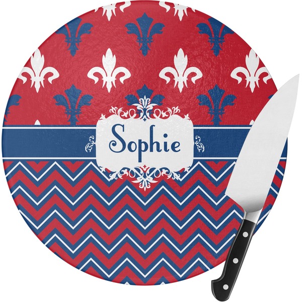 Custom Patriotic Fleur de Lis Round Glass Cutting Board (Personalized)