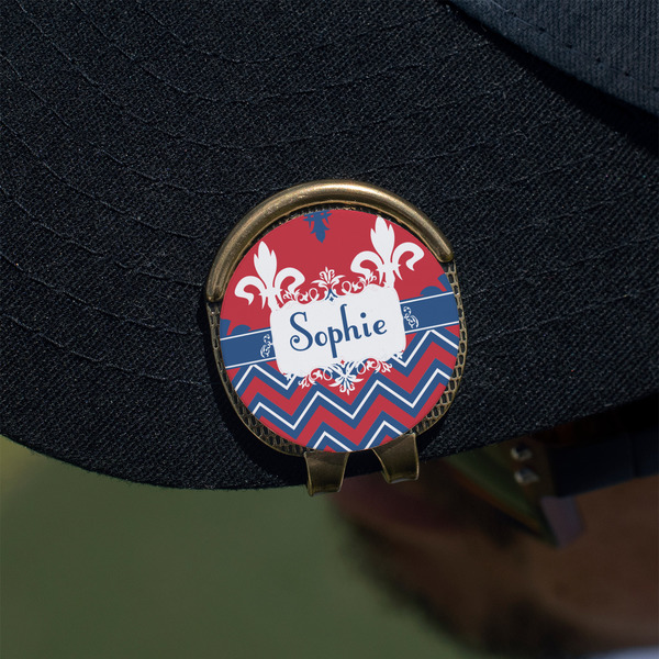 Patriotic Fleur de Lis Golf Ball Marker Hat Clip - Gold - On Hat
