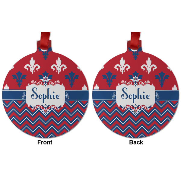 Patriotic Fleur de Lis Metal Ball Ornament - Front and Back