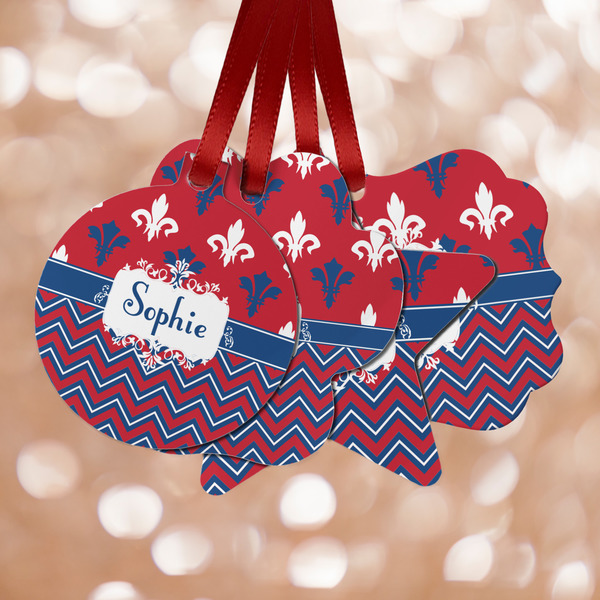 Custom Patriotic Fleur de Lis Metal Ornaments - Double Sided w/ Name or Text