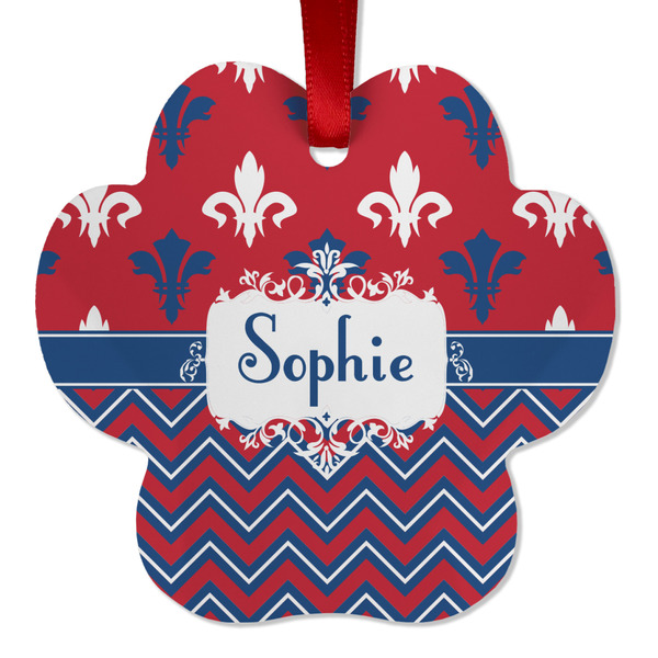 Custom Patriotic Fleur de Lis Metal Paw Ornament - Double Sided w/ Name or Text