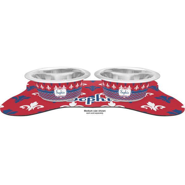 Patriotic Fleur de Lis Metal Pet Bowls - On Dog Bone Shaped Mat