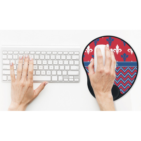 Patriotic Fleur de Lis Mouse Pad with Wrist Rest - LIFESYTLE 2 (in use)