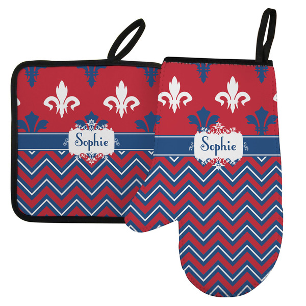 Custom Patriotic Fleur de Lis Left Oven Mitt & Pot Holder Set w/ Name or Text