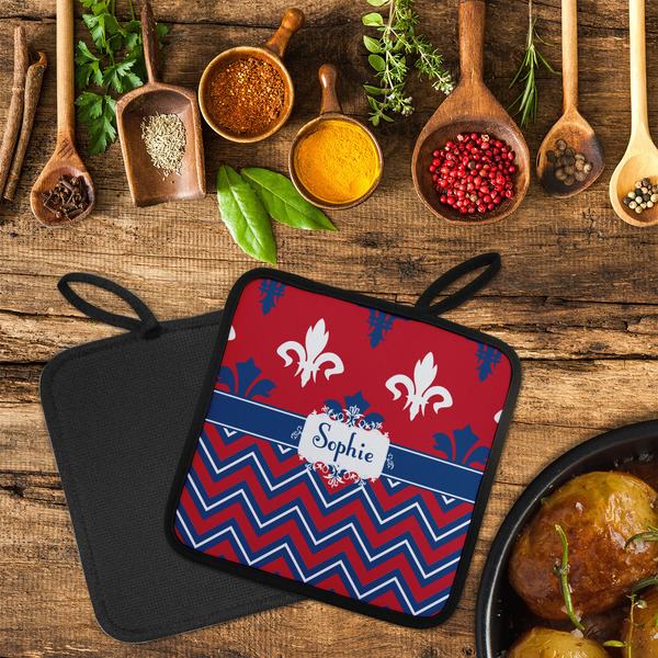 Patriotic Fleur de Lis Neoprene Pot Holder - Set of 2  LIFESTYLE (Flatlay)