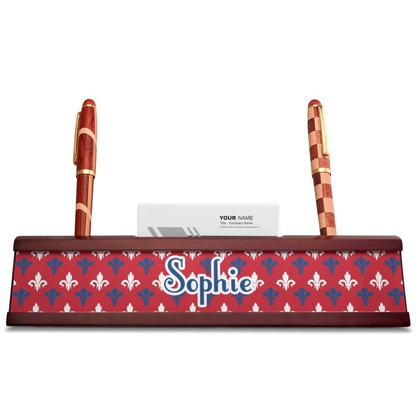 Patriotic Fleur de Lis Red Mahogany Nameplates with Business Card Holder - Straight