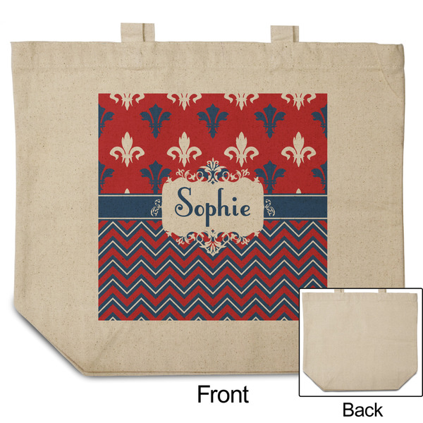 Patriotic Fleur de Lis Reusable Cotton Grocery Bag - Front & Back View