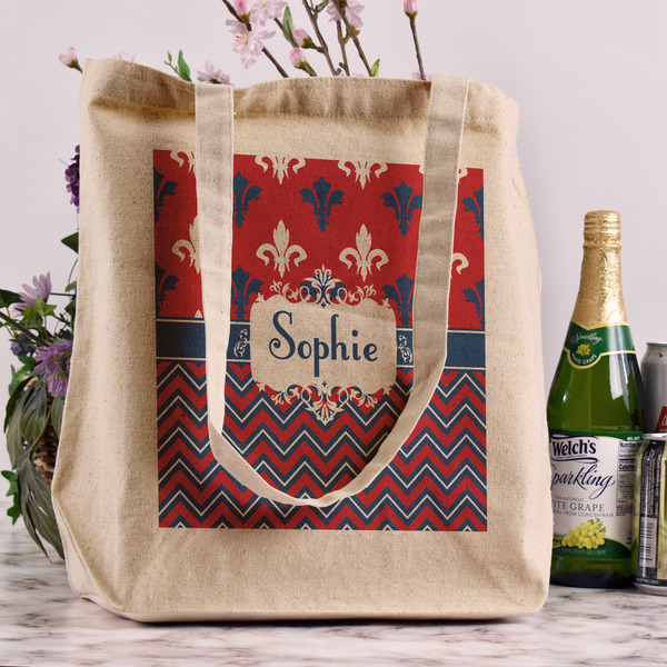 Patriotic Fleur de Lis Reusable Cotton Grocery Bag - In Context