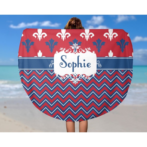 Patriotic Fleur de Lis Round Beach Towel - In Use