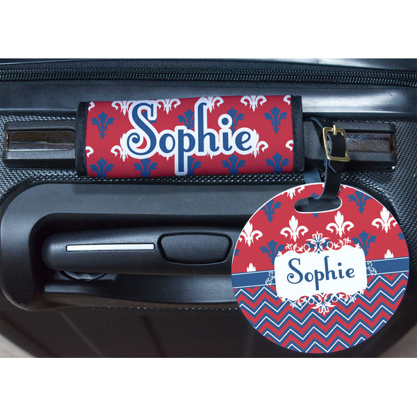 Patriotic Fleur de Lis Round Luggage Tag & Handle Wrap - In Context