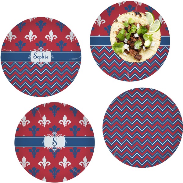 Custom Patriotic Fleur de Lis Set of 4 Glass Lunch / Dinner Plate 10" (Personalized)