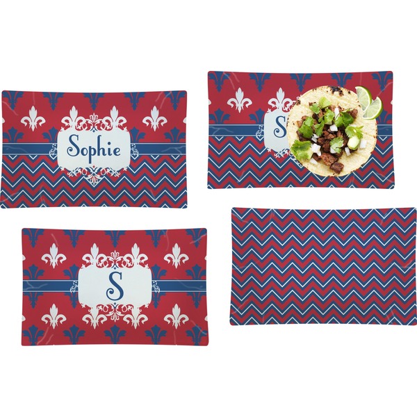 Custom Patriotic Fleur de Lis Set of 4 Glass Rectangular Lunch / Dinner Plate w/ Name or Text