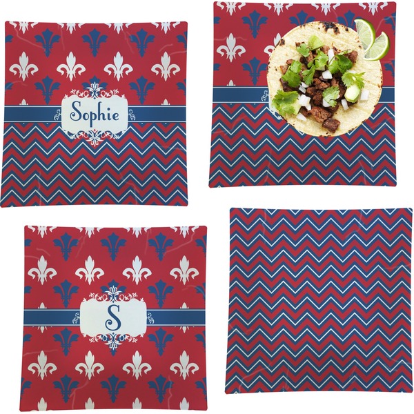 Custom Patriotic Fleur de Lis Set of 4 Glass Square Lunch / Dinner Plate 9.5" (Personalized)