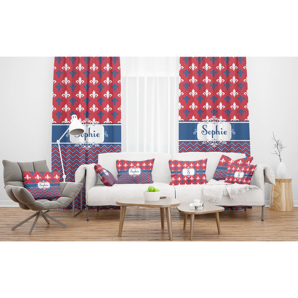 Patriotic Fleur de Lis Sheer and Custom Curtains in Room with Matching Pillows