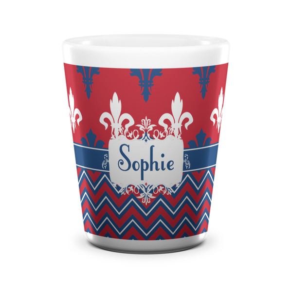 Custom Patriotic Fleur de Lis Ceramic Shot Glass - 1.5 oz - White - Set of 4 (Personalized)