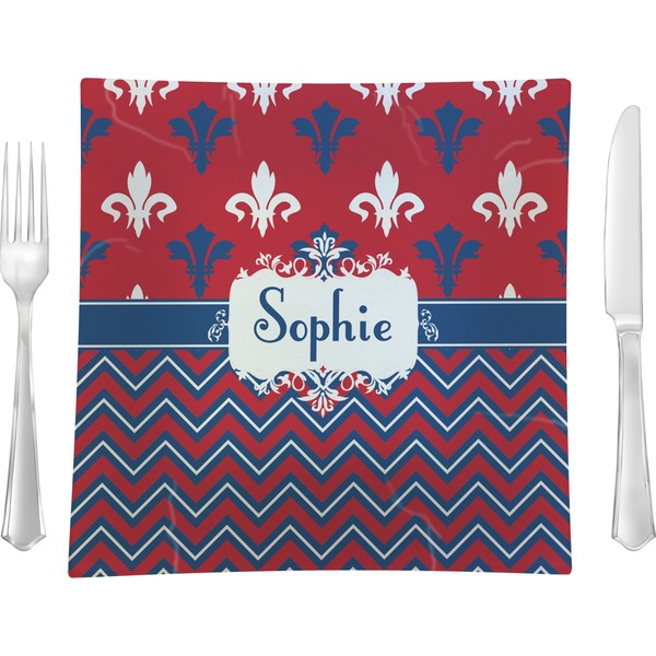Custom Patriotic Fleur de Lis Glass Square Lunch / Dinner Plate 9.5" (Personalized)