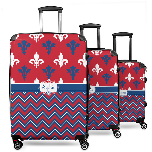 Custom Patriotic Fleur de Lis 3 Piece Luggage Set - 20" Carry On, 24" Medium Checked, 28" Large Checked (Personalized)