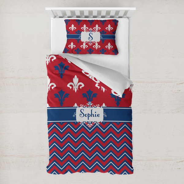 Custom Patriotic Fleur de Lis Toddler Bedding Set - With Pillowcase (Personalized)