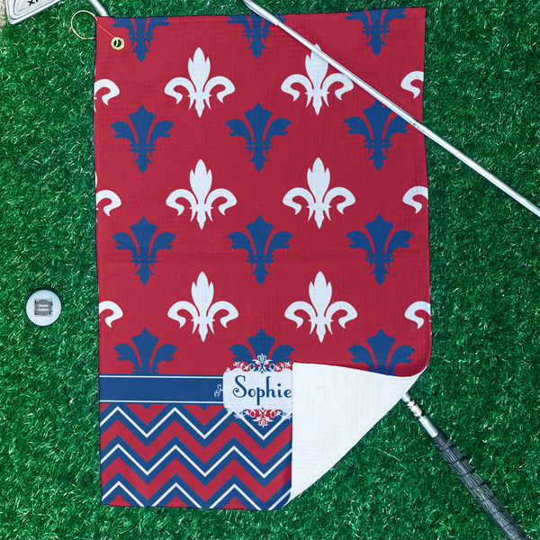 Patriotic Fleur de Lis Waffle Weave Golf Towel - In Context