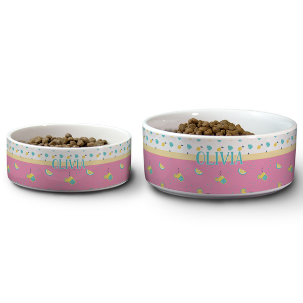 Summer Lemonade Ceramic Dog Bowls - Size Comparison