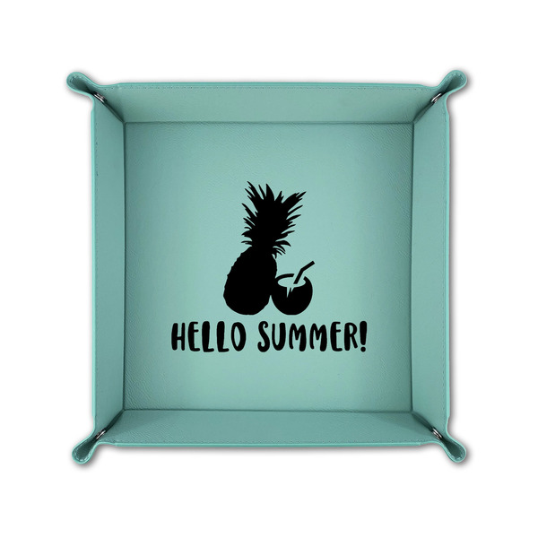 Pineapples and Coconuts 6" x 6" Teal Leatherette Snap Up Tray - FOLDED UP