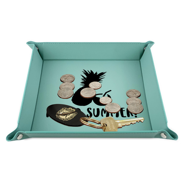 Pineapples and Coconuts 9" x 9" Teal Leatherette Snap Up Tray - STYLED