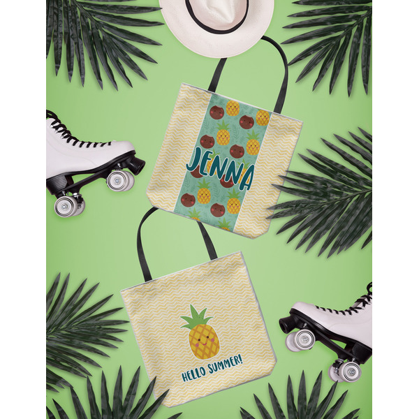 Pineapples and Coconuts Canvas Tote Lifestyle Front and Back- 13x13