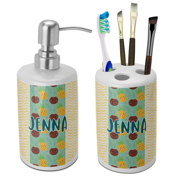 Custom Pineapples and Coconuts Ceramic Bathroom Accessories Set (Personalized)