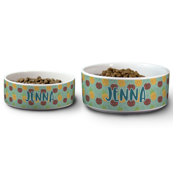 Pineapples and Coconuts Ceramic Dog Bowls - Size Comparison